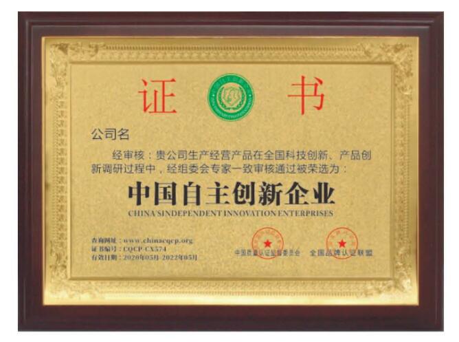 中国自主创新企业证书